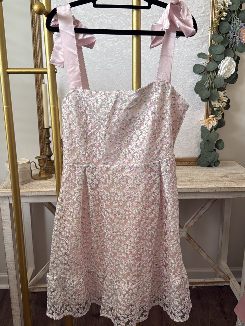 Embroidered Floral dress with Satin Bow Tie-Shoulder Sundress